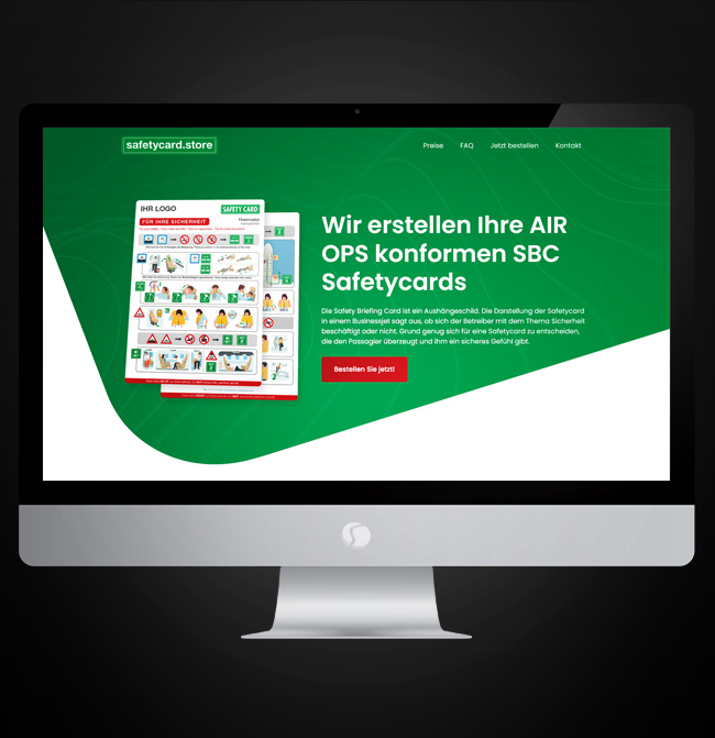 Screenshot der Landingpage von safetycard.store mit Fokus auf B2B-Bestellprozesse für Flugzeug-Sicherheitskarten