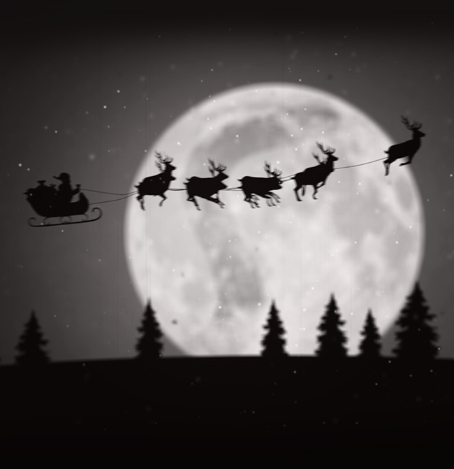 Weihnachtliche 8-FPS-Stop-Motion-Animation öffnet sich per Iris-Blende auf einen großen Vollmond mit fliegendem Weihnachtsmann